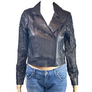 NWT $498 ECRU BLACK 100% LAMB LEATHER JACKET SIZE XS‎ MOTO RIBBED SLEEVE CROP
